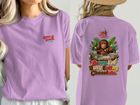 Purple t-shirt with a monkey and the text "Sorry, I'm Busy Eating Chocolate."