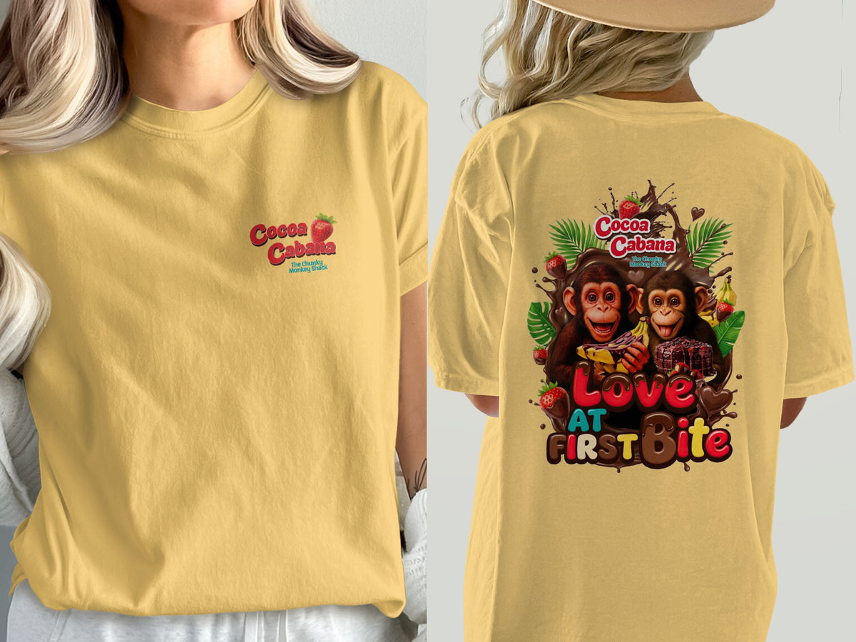 Yellow t-shirt with "Cocoa Cabana" and monkeys eating chocolate and bananas graphic.