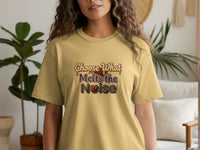 Yellow t-shirt with "Choose What Melts the Noise" text and chocolate graphics.