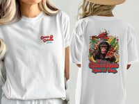 White t-shirt with Cocoa Cabana logo on front and monkey enjoying chocolate treats graphic on back.