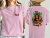 Pink t-shirt with "Cocoa Cabana The Chunky Monkey Shack" on front and monkey with chocolate and text on back.