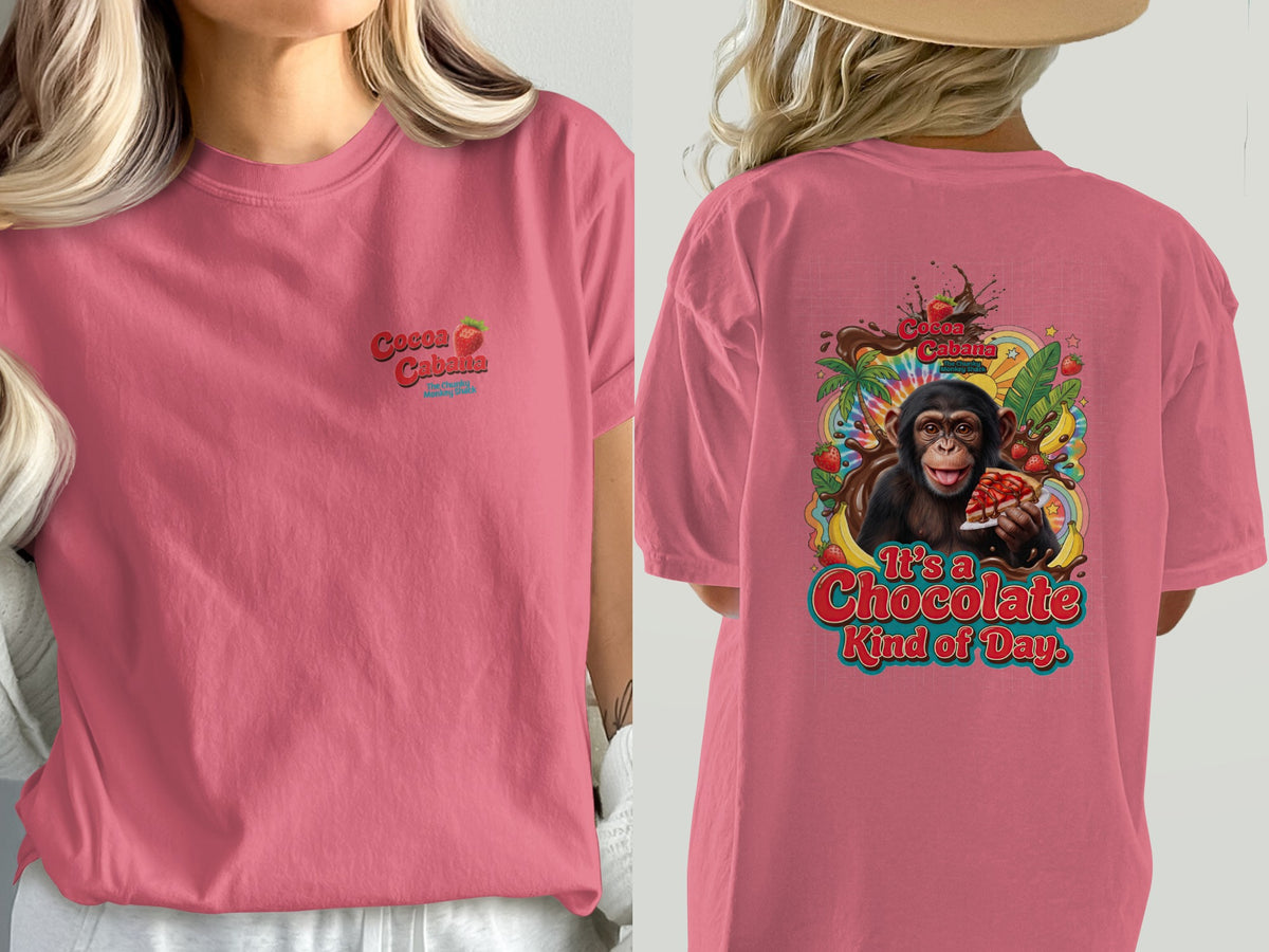 Pink t-shirt with "Cocoa Cabana" logo and "It's a Chocolate Kind of Day" graphic.