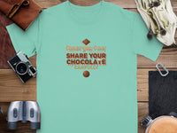 Teal t-shirt with "Protect Your Peace Share Your Chocolate Carefully" text.