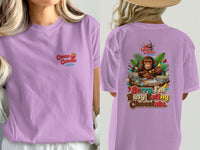 Lavender t-shirt with Cocoa Cabana logo on front and monkey eating chocolate graphic on back.