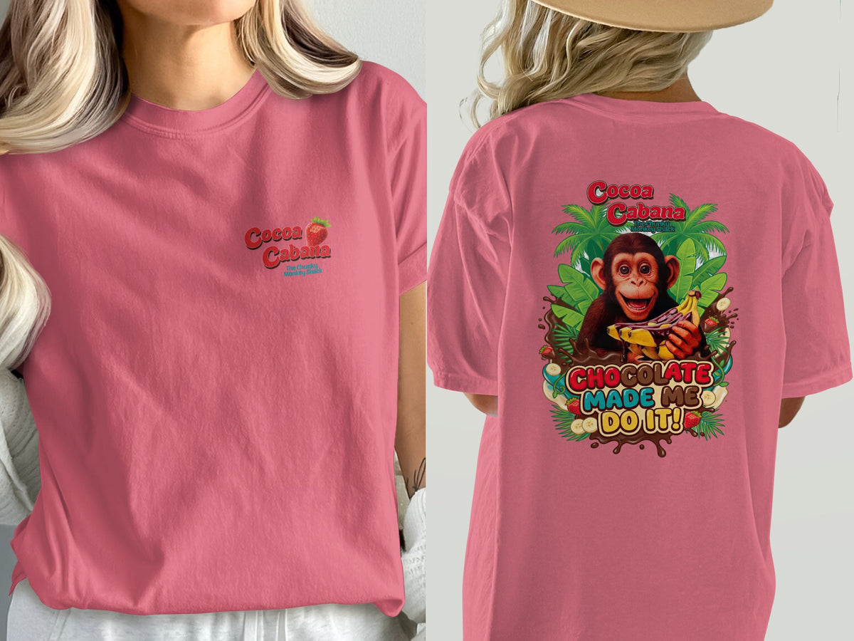 T-shirt with a monkey, bananas, and "Cocoa Cabana Chocolate Made Me Do It!" graphic.