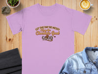 Lilac t-shirt with "Let the day be messy, Keep the chocolate good" text and chocolate graphic.