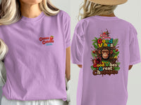 Purple t-shirt with "Cocoa Cabana" on front and "Good Vibes, Great Chocolate" with monkey graphic on back.
