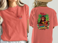Coral t-shirt with "Cocoa Cabana" on front; monkey with bananas and "CHOCOLATE MADE ME DO IT!" on back.