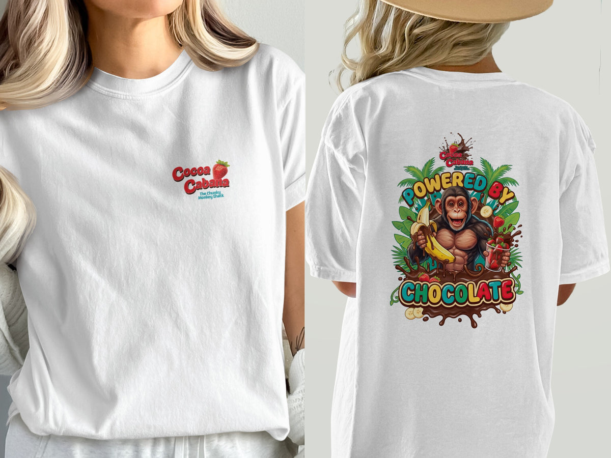 White t-shirt with "Cocoa Cabana" and a strawberry on the front, and a monkey with bananas and chocolate on the back.