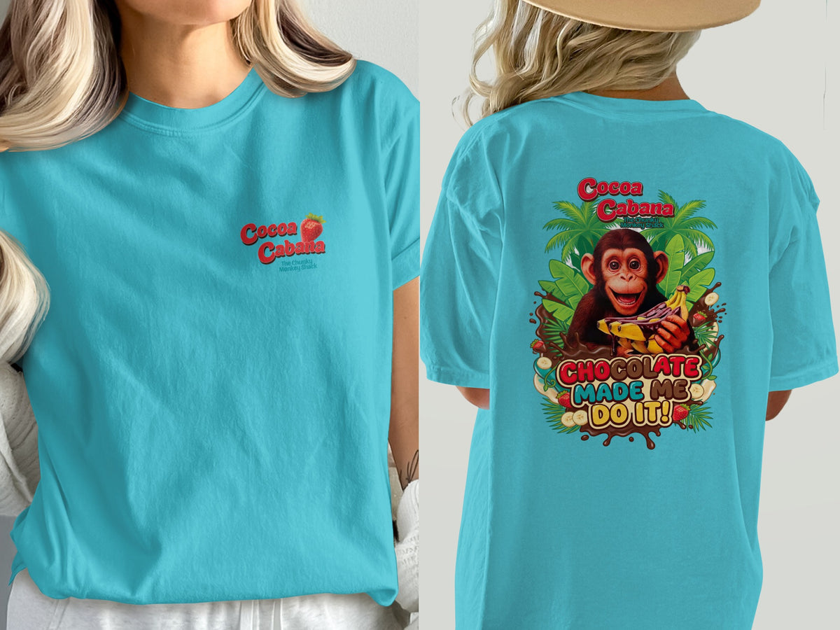 Turquoise t-shirt with "Cocoa Cabana Monkey Shack" on front, monkey with bananas on back.