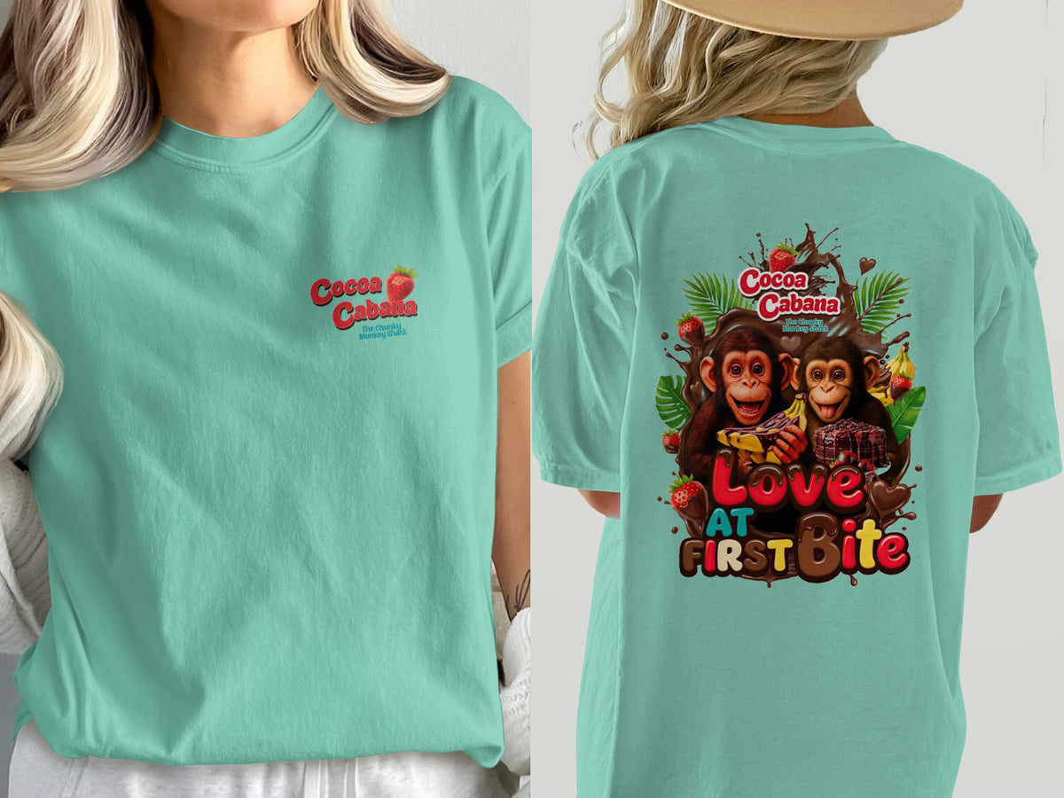 Two t-shirts, one with Cocoa Cabana logo, other with monkeys and "Love at First Bite".