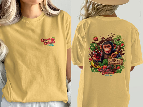 Yellow t-shirt with "Cocoa Cabana The Chunky Monkey Shack" and monkey graphic.