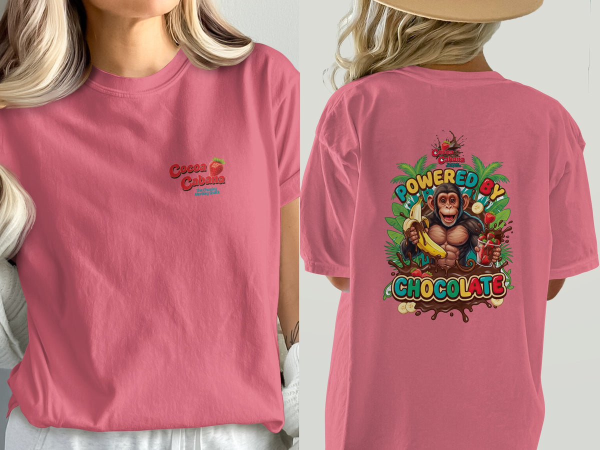 Pink t-shirt with "Cocoa Cabana" on front; "Powered by Chocolate" and monkey graphic on back.