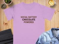 Lavender t-shirt with "Social Battery Chocolate Powered" text.