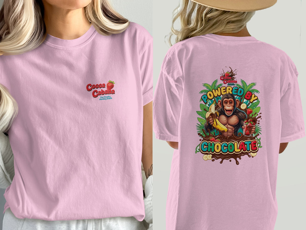 Pink t-shirt with "Cocoa Cabana" logo on front and "Powered by Chocolate" monkey graphic on back.