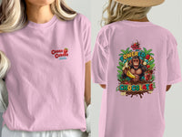 Pink t-shirt with "Cocoa Cabana" logo on front and "Powered by Chocolate" monkey graphic on back.