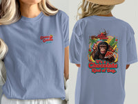 Chimpanzee on blue t-shirt with "It's a Chocolate Kind of Day" text.