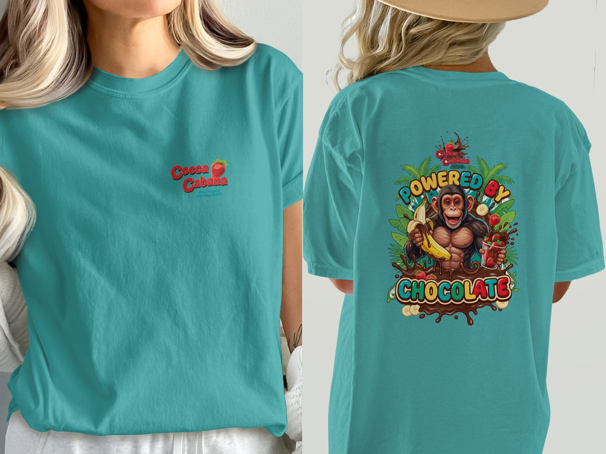 Teal t-shirt with "Cocoa Cabana" logo on front and monkey graphic on back.