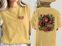 Yellow t-shirt with monkey graphic, chocolate, strawberries, and "Cocoa Cabana" text.