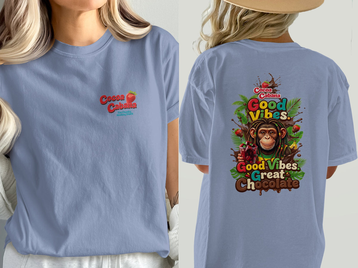 Blue t-shirt with "Cocoa Cabana" and strawberry graphic on front, monkey graphic on back.