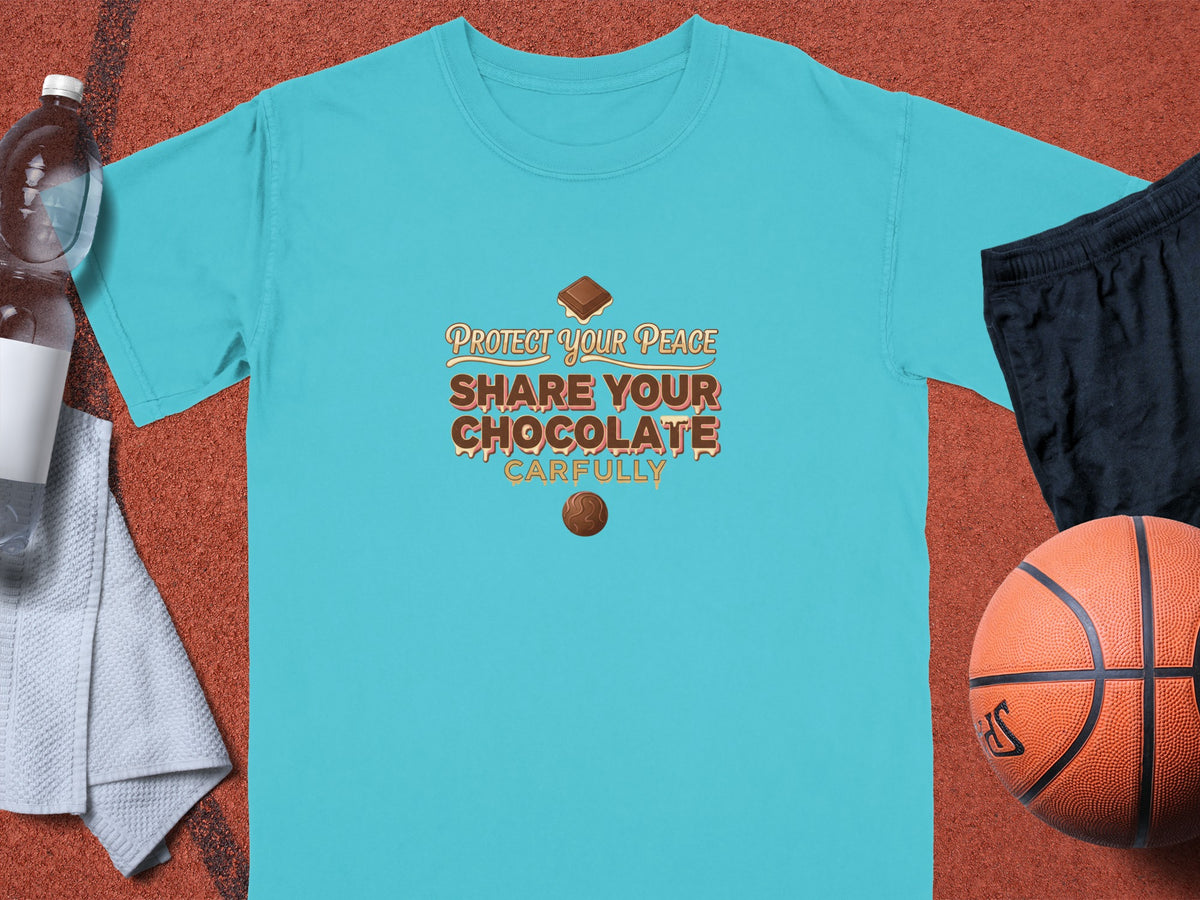 Teal t-shirt with "Protect Your Peace Share Your Chocolate Carefully" text.