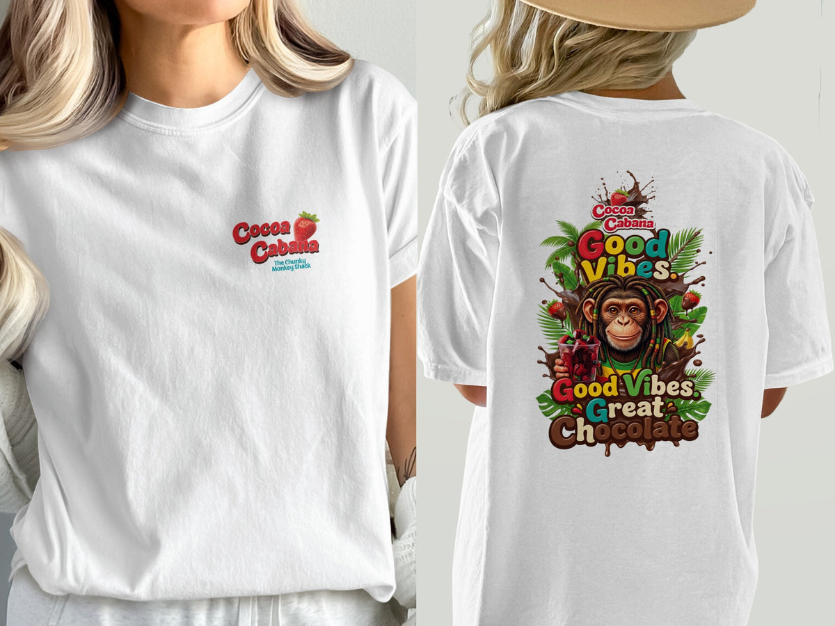 White t-shirt with Cocoa Cabana logo on front and monkey design on back.