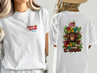 White t-shirt with Cocoa Cabana logo on front and monkey design on back.