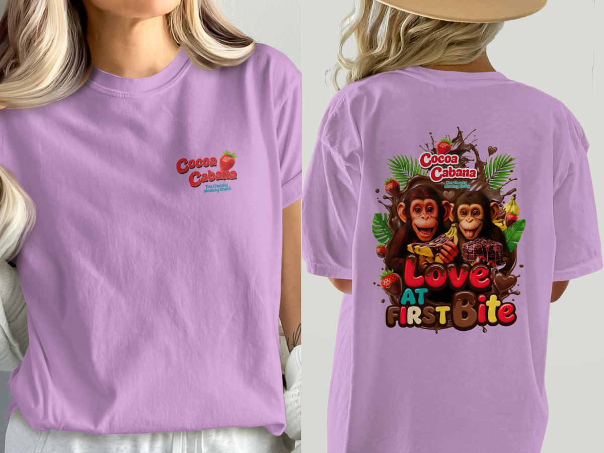 Purple t-shirt with "Cocoa Cabana" text and two monkeys on the back.