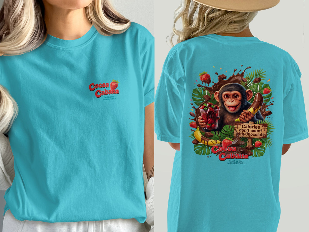 Cyan t-shirt with "Cocoa Cabana" on front and monkey with chocolate and fruit on back.