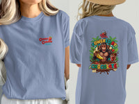 Blue t-shirt with "Cocoa Cabana" on front and monkey with "Powered by Chocolate" on back.